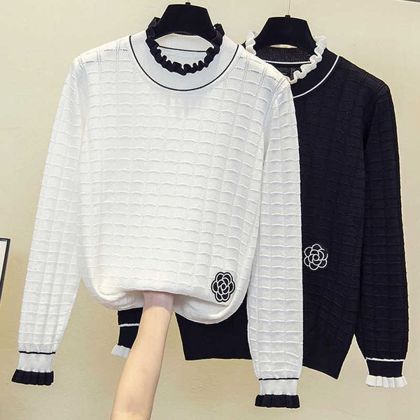 l-4xl plus size women floral embroidery kint sweater loose casual long sleeve ruffle collar patchwork spring oversized pullover 210604, White;black
l-4xl plus size women floral embroidery kint sweater loose casual long sleeve ruffle collar patchwork spring oversized pullover 210604, White;black