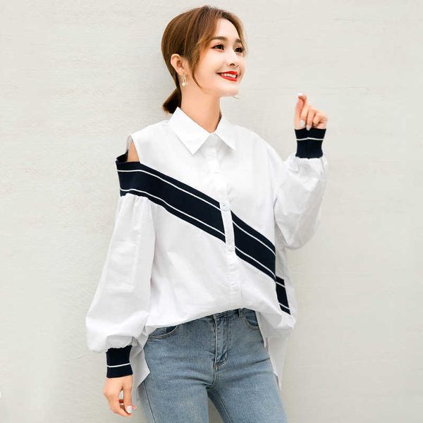 autumn white off shoulder shirts full spliced turn down collar casual blouse women 210615
autumn white off shoulder shirts full spliced turn down collar casual blouse women 210615