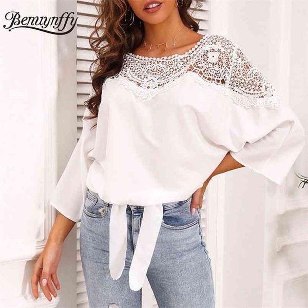 round neck solid hollow out lace shoulder chiffon blouse summer 3/4 sleeve tie hem casual womens and blouses 210510, White
round neck solid hollow out lace shoulder chiffon blouse summer 3/4 sleeve tie hem casual womens and blouses 210510, White