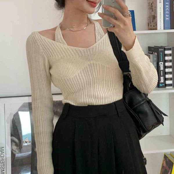 fake two-piece halter white sweater womens autumn 2021 new long sleeve slim tight bottoming sweater top, White;black
fake two-piece halter white sweater womens autumn 2021 new long sleeve slim tight bottoming sweater top, White;black