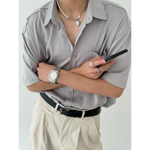 men's casual shirts 2021 summer korean trendy button up for men fashion designer solid color short sleeved silk shirt and women, White;black
men's casual shirts 2021 summer korean trendy button up for men fashion designer solid color short sleeved silk shirt and women, White;black