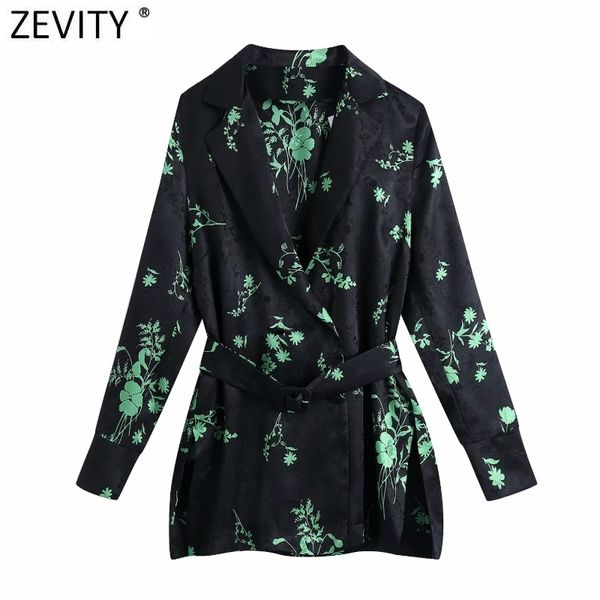 

zevity women vintage green leaves print black satin smock blouse female sashes side split shirt chic kimono blusas ls7661 210419, White