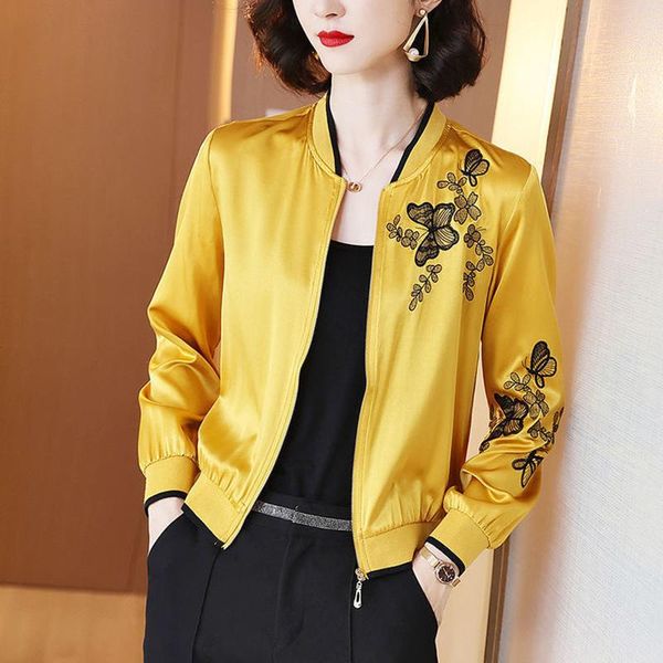 women's jackets satin embroidered short jacket casual big size loose thin baseball coats female elegant chic long sleeve korean outwear, Black;brown
women's jackets satin embroidered short jacket casual big size loose thin baseball coats female elegant chic long sleeve korean outwear, Black;brown