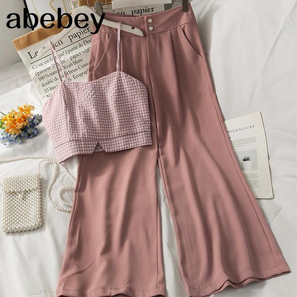 women summer korean casual suit sleeveless strap plaid short +high waist split wide leg long pants two piece set women's, White
women summer korean casual suit sleeveless strap plaid short +high waist split wide leg long pants two piece set women's, White