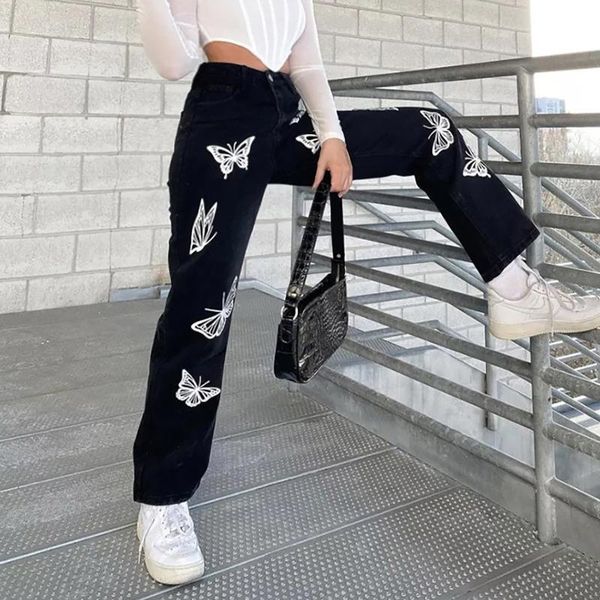 women's fashion butterfly print high-rise slim straight-leg jeans pants, Blue