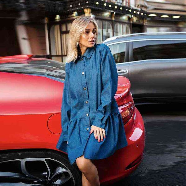 women vintge solid oversize turn down collar single breasted lantern sleeve ruffles mini denim dress 2021 new autumn party dress g1223, Black;gray
women vintge solid oversize turn down collar single breasted lantern sleeve ruffles mini denim dress 2021 new autumn party dress g1223, Black;gray