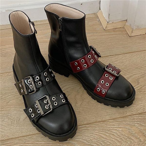 boots women handmade genuine leather round toe short fashion thick platform double buckle straps rivets decor ankle, Black
boots women handmade genuine leather round toe short fashion thick platform double buckle straps rivets decor ankle, Black