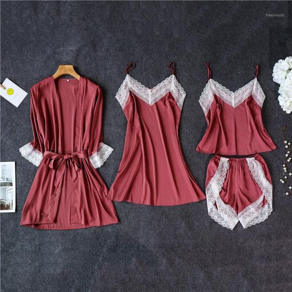 women's sleepwear for women summer thin section satin suspenders shorts four-piece lace-edged home clothes lounge bathrobe, Black;red
women's sleepwear for women summer thin section satin suspenders shorts four-piece lace-edged home clothes lounge bathrobe, Black;red