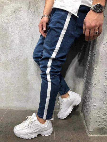 men's pants 2021 style denim fabric casual sports personality side seam patchwork jeans, Black
men's pants 2021 style denim fabric casual sports personality side seam patchwork jeans, Black