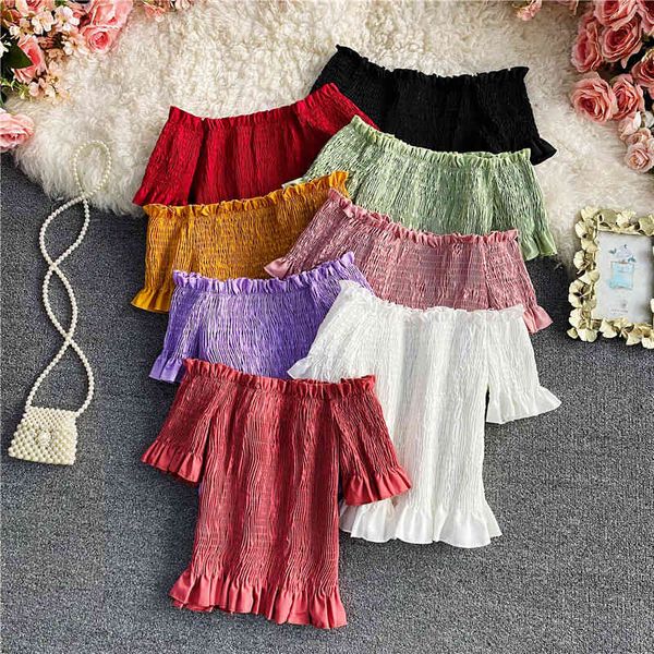 women's knits & tees summer sweet shirt women's retro korean slim-fitting wood ears off shoulder strapless short tube vin, White
women's knits & tees summer sweet shirt women's retro korean slim-fitting wood ears off shoulder strapless short tube vin, White