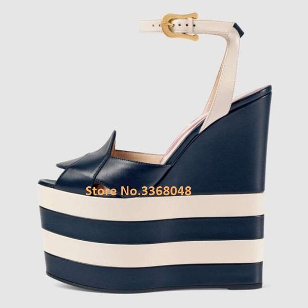striped platform wedges sandals ankle buckle peep toe leather ladies shoes supper high women runway summer, Black
striped platform wedges sandals ankle buckle peep toe leather ladies shoes supper high women runway summer, Black