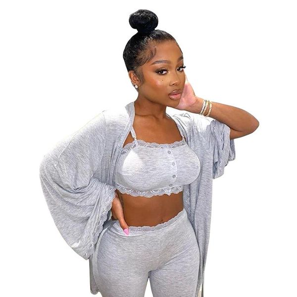 women's two piece pants autumn loose homewear three-piece solid color casual lace pajamas trousers and chest-wrapped jacket, White
women's two piece pants autumn loose homewear three-piece solid color casual lace pajamas trousers and chest-wrapped jacket, White