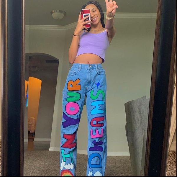 high waist jeans, loose womens jean trousers with painted pockets, autumn straight jeans hip hop style wear, Blue
high waist jeans, loose womens jean trousers with painted pockets, autumn straight jeans hip hop style wear, Blue