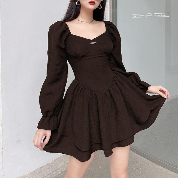 casual dresses fashion accepting waist double-layer short dress women puff sleeve solid color temperament square collar, Black;gray 
casual dresses fashion accepting waist double-layer short dress women puff sleeve solid color temperament square collar, Black;gray