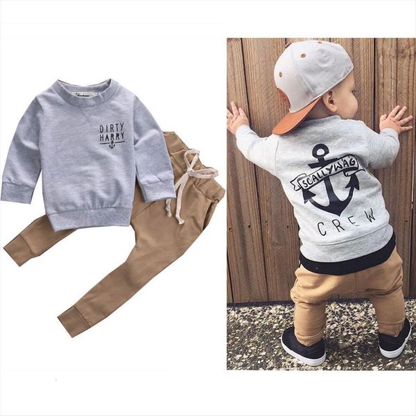 2 pcs set newborn kids baby clothing sets "scallywag crew" grey cotton khaki pants casual clothes outfits autumn, White
2 pcs set newborn kids baby clothing sets "scallywag crew" grey cotton khaki pants casual clothes outfits autumn, White
