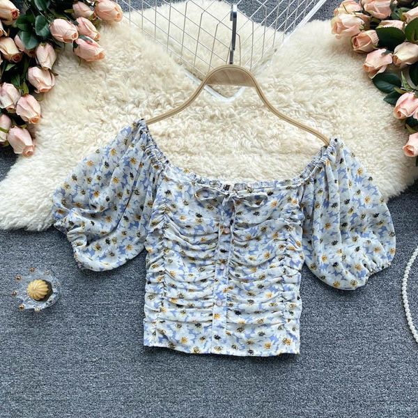 women's t-shirt summer short small fresh floral puff sleeve folds slim all-match square collar chiffon shirt, White
women's t-shirt summer short small fresh floral puff sleeve folds slim all-match square collar chiffon shirt, White