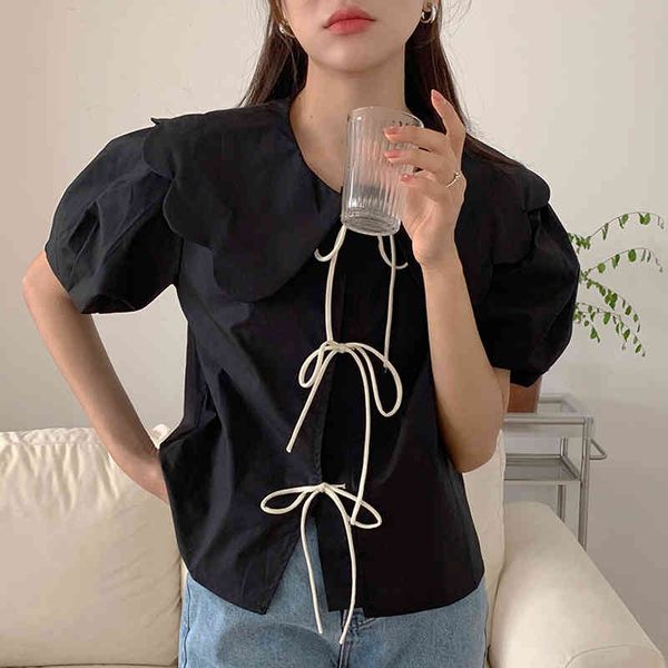 women summer white retro chic lapel lace contrast color bowknot puff sleeve doll belt shirt ummer 16f0984 210510
women summer white retro chic lapel lace contrast color bowknot puff sleeve doll belt shirt ummer 16f0984 210510