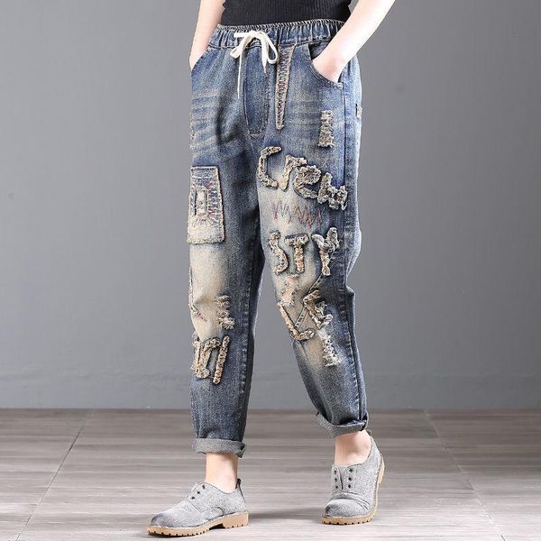 women's jeans women vintage embroidered ripped cotton denim harem pants casual ladies lace up elastic waist trousers blue
women's jeans women vintage embroidered ripped cotton denim harem pants casual ladies lace up elastic waist trousers blue