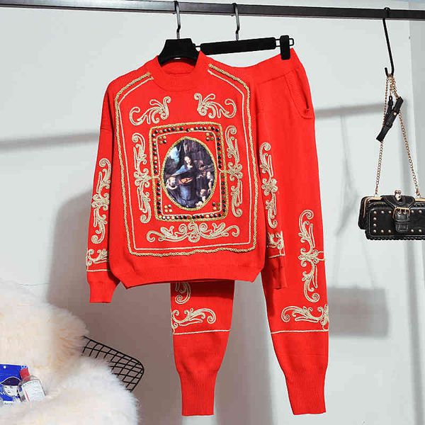 women's two piece pants autumn winter casual chic red tracksuit knitted set embroidery sweater + knit long harem suit women loose, White
women's two piece pants autumn winter casual chic red tracksuit knitted set embroidery sweater + knit long harem suit women loose, White