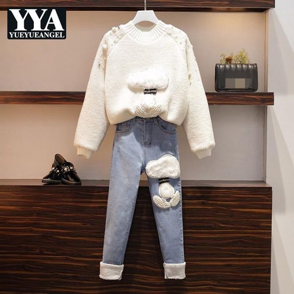 plus size 2021 sweet pink round neck pullover sweaters blue zipper jeans two piece set women autumn winter denim pants suit women's, White 
plus size 2021 sweet pink round neck pullover sweaters blue zipper jeans two piece set women autumn winter denim pants suit women's, White