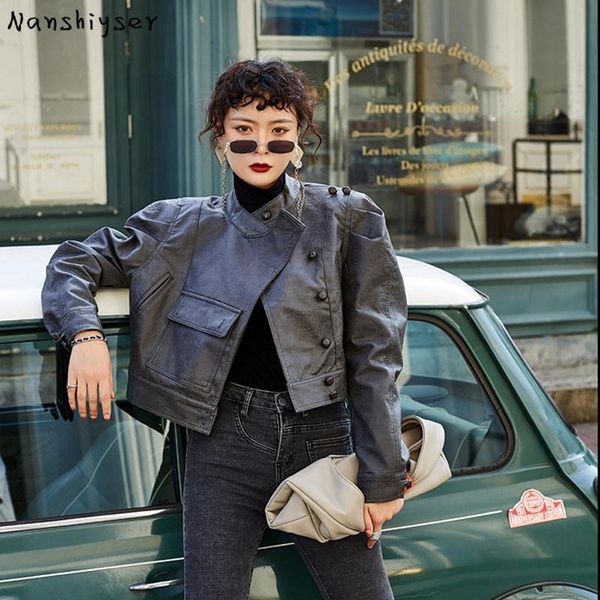 short high waist vintage khaki faux pu leather biker jacket women autumn streetwear stand-up collar women's &, Black
short high waist vintage khaki faux pu leather biker jacket women autumn streetwear stand-up collar women's &, Black