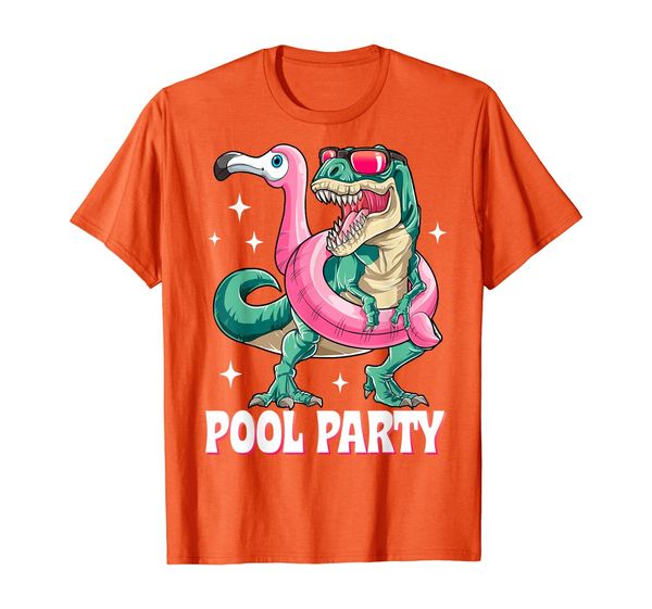 pool party dinosaur pink flamingo float funny t rex summer t-shirt, White;black