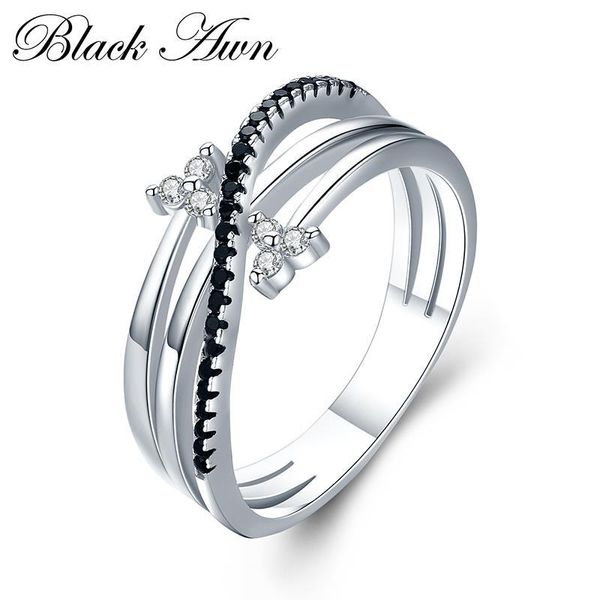 cluster rings romantic 3g 925 sterling silver fine jewelry bague row black spinel leaf wedding ring for women bijoux g005, Golden;silver