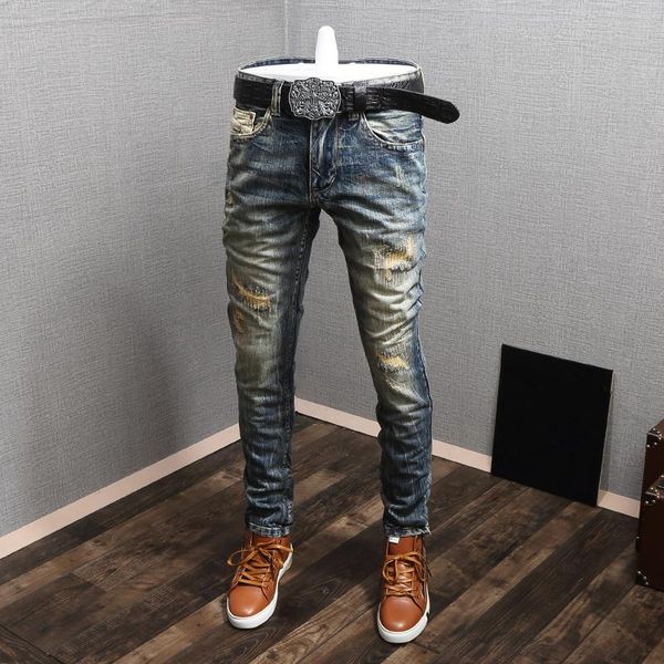 men's jeans ly streetwear fashion men distressed slim fit destroyed ripped patchwork vintage designer retro denim pants, Blue
men's jeans ly streetwear fashion men distressed slim fit destroyed ripped patchwork vintage designer retro denim pants, Blue