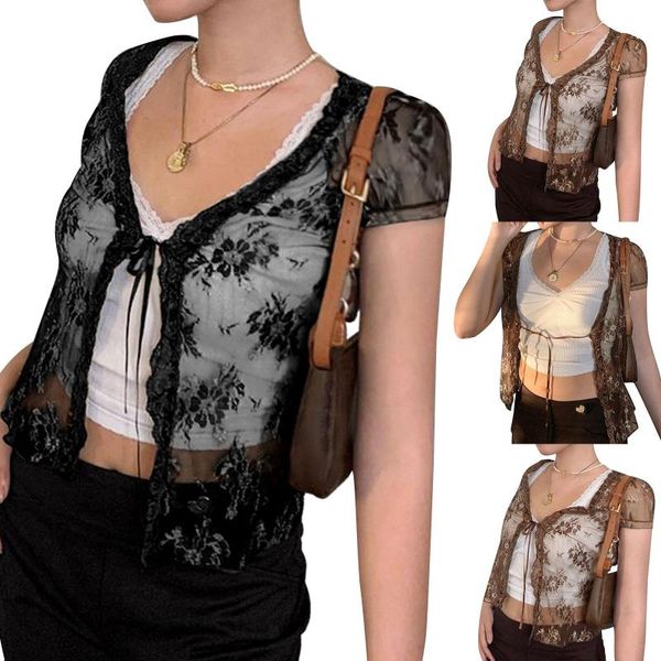 women's t-shirt women casual lace see-through short sleeve tie up floral pattern cardigan black/ brown, White
women's t-shirt women casual lace see-through short sleeve tie up floral pattern cardigan black/ brown, White
