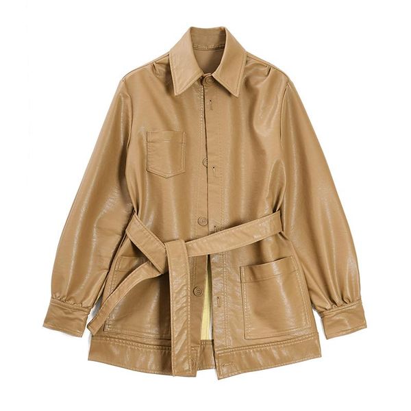 women's leather & faux 2021 spring women loose khaki pu jacket with belt abrigo mujer lapel long sleeve casual biker jackets veste femm, Black
women's leather & faux 2021 spring women loose khaki pu jacket with belt abrigo mujer lapel long sleeve casual biker jackets veste femm, Black