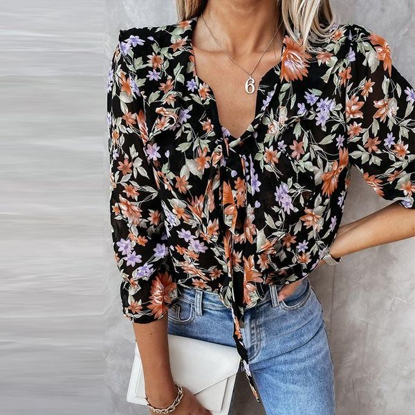 women's blouses & shirts chiffon ruffled printed blouse women v-neck lace up half sleeve loose female fashion office ladies casual 202, White
women's blouses & shirts chiffon ruffled printed blouse women v-neck lace up half sleeve loose female fashion office ladies casual 202, White