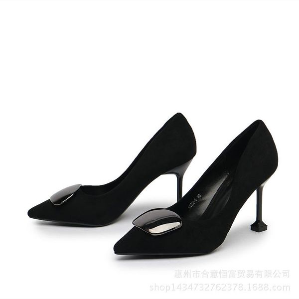 dress shoes modern women's pointed toe high thin heels shallow pumps solid suede square button summer versatile office lady working, Black
dress shoes modern women's pointed toe high thin heels shallow pumps solid suede square button summer versatile office lady working, Black