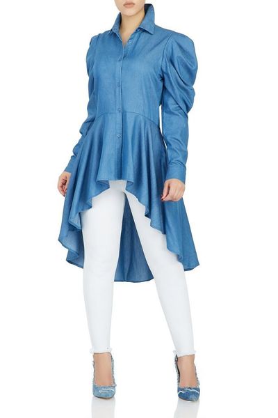 blue denim turn down neck elegant women real pos ruffles irregular long sleeves short casual es est spring fall, White
blue denim turn down neck elegant women real pos ruffles irregular long sleeves short casual es est spring fall, White