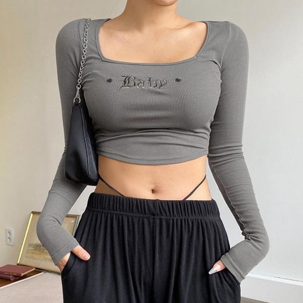 women's t-shirt street short letter embroidered square neck long sleeve women slim base casual gray, White
women's t-shirt street short letter embroidered square neck long sleeve women slim base casual gray, White