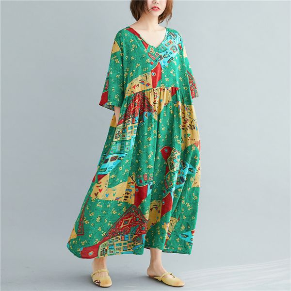 johnature women summer dresses flare sleeve cotton linen robes v-neck green print floral plus size women vintage dress 210521, Black;gray
johnature women summer dresses flare sleeve cotton linen robes v-neck green print floral plus size women vintage dress 210521, Black;gray
