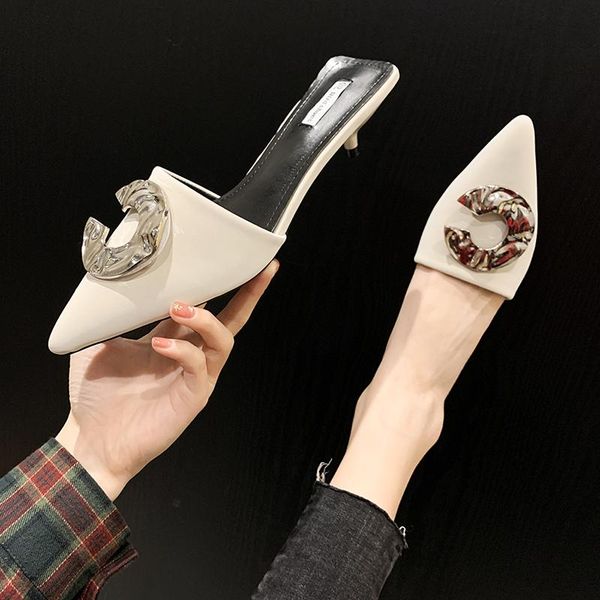 women's shoes slippers spring 2021 fashion pointed metal buckle high heels mules, Black
women's shoes slippers spring 2021 fashion pointed metal buckle high heels mules, Black