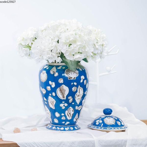 european shell ceramic vase blue storage jar with lid exquisite handicraft flower arrangement candy decoration vases
european shell ceramic vase blue storage jar with lid exquisite handicraft flower arrangement candy decoration vases