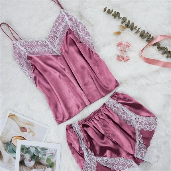 satin pajama set women sleepwear white lace v neck pyjamas sleeveless cute cami and shorts pijamas summer, Black;red 
satin pajama set women sleepwear white lace v neck pyjamas sleeveless cute cami and shorts pijamas summer, Black;red