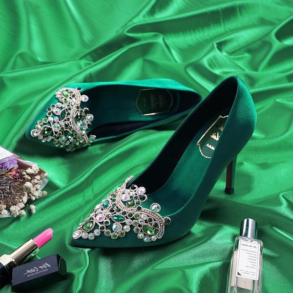 dress shoes wedding women's crystal 2021 bridal spring green heels pointed sexy, Black