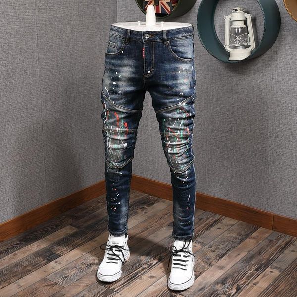 streetwear men jeans retro dark blue slim fit paint designer elastic spliced hip hop pants biker homme men's
streetwear men jeans retro dark blue slim fit paint designer elastic spliced hip hop pants biker homme men's