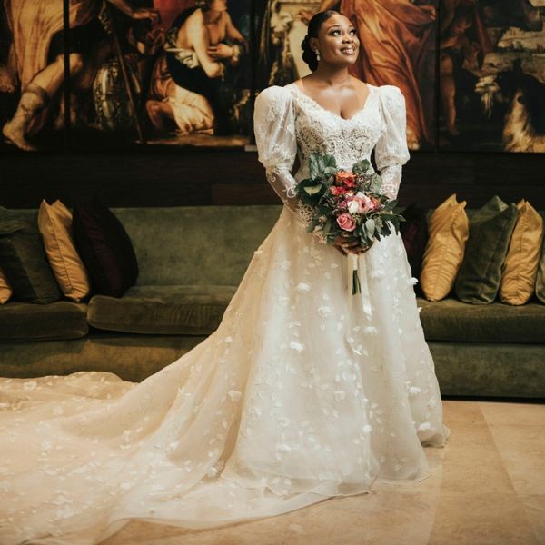 plus size wedding dresses with v neck puffy long sleeve bridal gowns 3d floral bead aso ebi vestidos de novia custom made, White
plus size wedding dresses with v neck puffy long sleeve bridal gowns 3d floral bead aso ebi vestidos de novia custom made, White