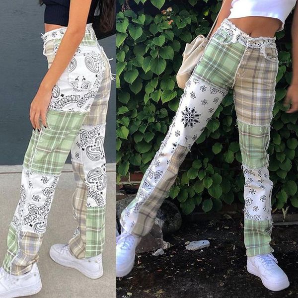 women's 2021 fashion sweet casual green white patchwork check pattern pockets high waist slim straight jeans long trousers, Blue
women's 2021 fashion sweet casual green white patchwork check pattern pockets high waist slim straight jeans long trousers, Blue