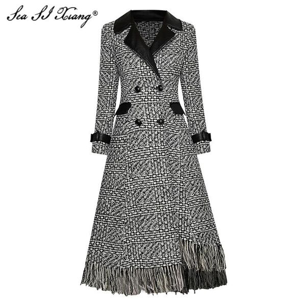 women's wool & blends seasixiang fashion designer autumn overcoat long sleeve double breasted pu patchwork tassel outwear, Black
women's wool & blends seasixiang fashion designer autumn overcoat long sleeve double breasted pu patchwork tassel outwear, Black