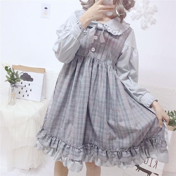 casual dresses doll collar japanese plaid dress long sleeve female spring and autumn soft girl cute lolita princess, Black;gray 
casual dresses doll collar japanese plaid dress long sleeve female spring and autumn soft girl cute lolita princess, Black;gray