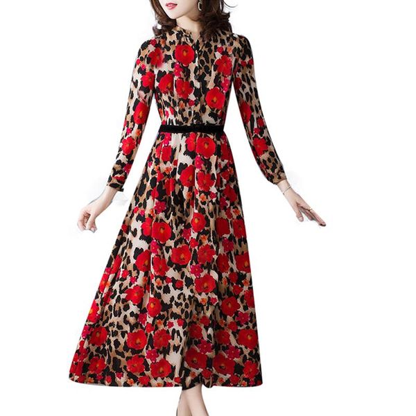 casual dresses autumn women printed leopard plus size patchwork long printing causal thin waist full shorts a-line 307, Black;gray 
casual dresses autumn women printed leopard plus size patchwork long printing causal thin waist full shorts a-line 307, Black;gray