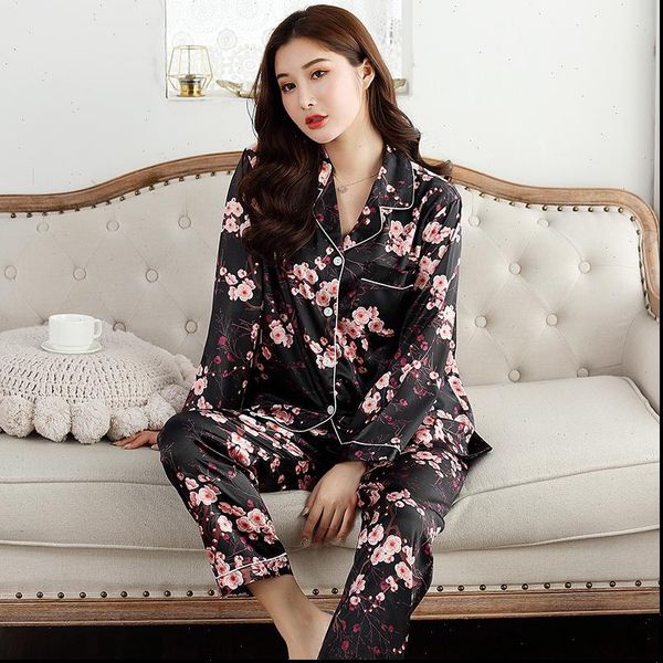 autumn pajamas faux silk satin women sleepwear set long sleeves flower print 2 piece homewear summer pajama, Black;red
autumn pajamas faux silk satin women sleepwear set long sleeves flower print 2 piece homewear summer pajama, Black;red