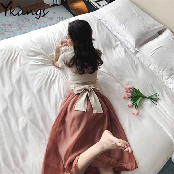 french elegant 2pcs suit short sleeve bow o-neck solid cotton t-shirt +chiffon high waist pleated skirt women summer set 210619, White
french elegant 2pcs suit short sleeve bow o-neck solid cotton t-shirt +chiffon high waist pleated skirt women summer set 210619, White