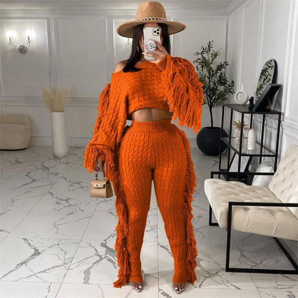 women's two piece pants warm sets ladies solid round neck cable knitted 2pc loungewear suit jersey mujer invierno 2021 home, White