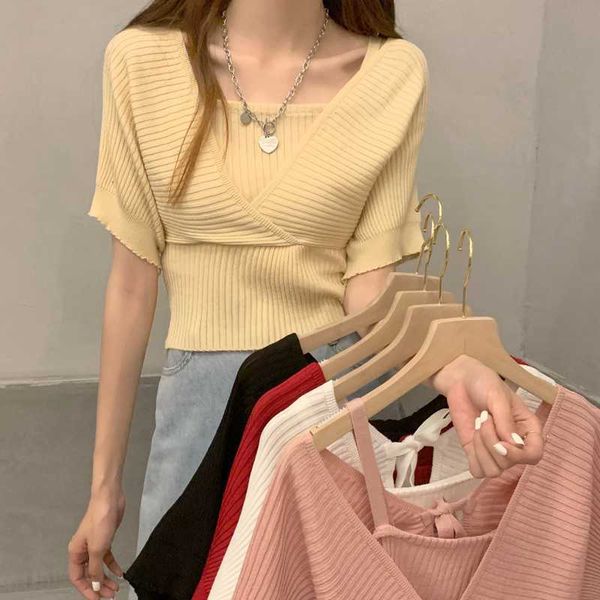 temperament slim summer short sleeve v neck white knitted fake two piece pullovers sweaters lady fashion chic korea tshirts 210610
temperament slim summer short sleeve v neck white knitted fake two piece pullovers sweaters lady fashion chic korea tshirts 210610