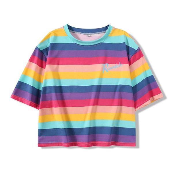 women's t-shirt high street style cartoon printed pattern summer korean casual rainbow stripes harajuku all-match crop clothes, White
women's t-shirt high street style cartoon printed pattern summer korean casual rainbow stripes harajuku all-match crop clothes, White